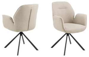 Aura eetkamerstoel met armleuning: Beige stoffen stoel met zwart onderstel in twee aanzichten.