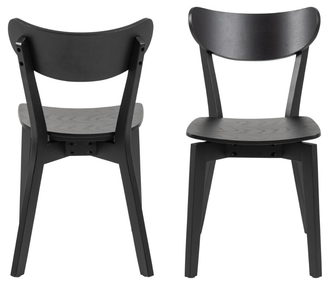 Roxby eetkamerstoel (set van 2): Zwarte houten eetkamerstoelen, voor- en achteraanzicht.