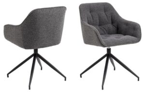 Brooke eetkamerstoel met armleuning: grijze gestoffeerde stoel met zwart metalen onderstel