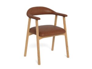 Addi eetkamerstoel met armleuning, bruin lederen zitting en houten frame.