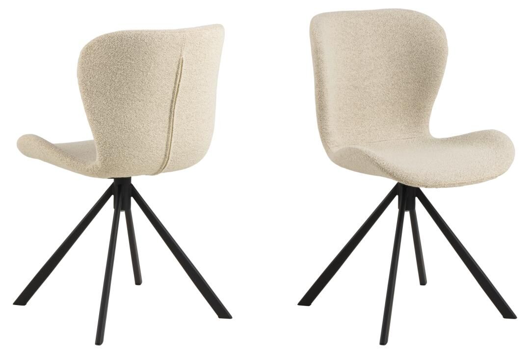 Batilda -A1 eetkamerstoel (set van 2): Beige stoffen eetkamerstoelen met zwart metalen onderstel.