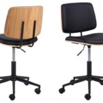 Owen bureaustoel: Zwarte bureaustoel met houten rugleuning en zitting, gezien vanuit twee hoeken.