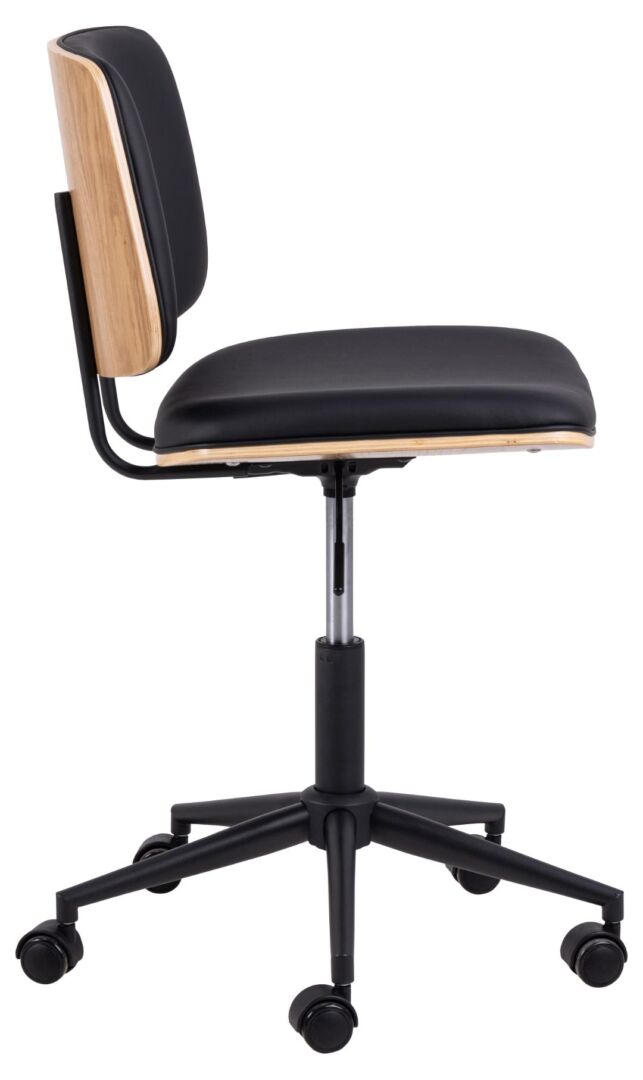 Owen bureaustoel: Zwarte bureaustoel met houten accenten.