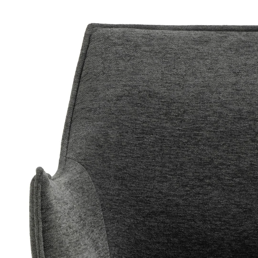 Detailopname Bonita eetkamerstoel met armleuning, donkergrijze stoffering. Set van 2.