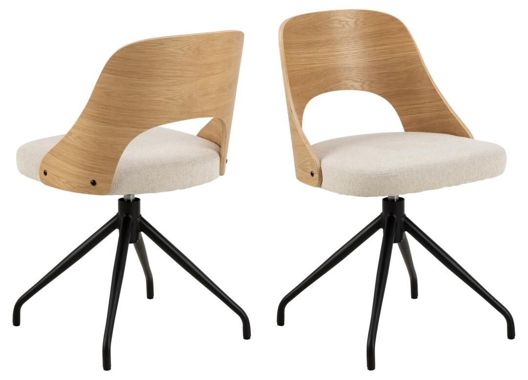 Lucy eetkamerstoel: Draaistoel met lichte houten rugleuning, crèmekleurige stoffen zitting en zwart metalen onderstel