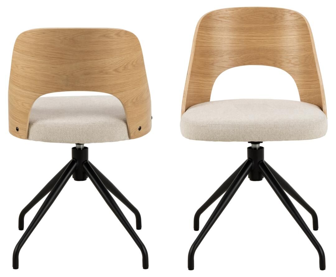 Lucy eetkamerstoel: Draaistoel met houten rugleuning en zachte zitting op een zwart metalen onderstel.