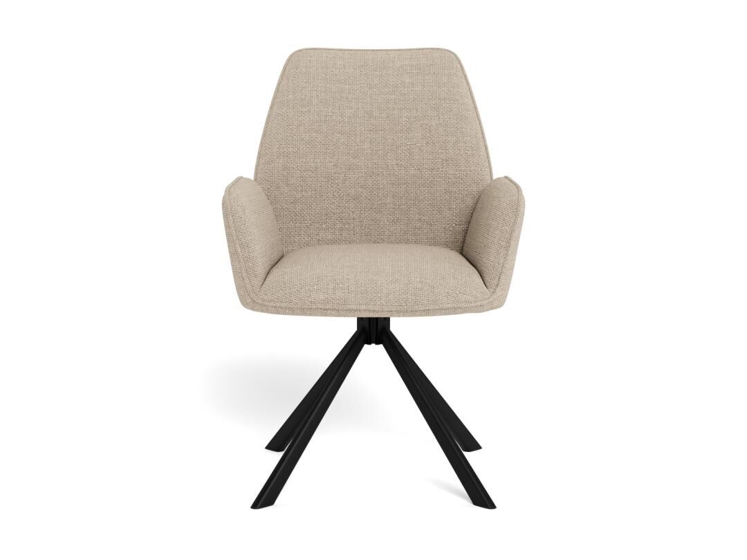 Glenda eetkamerstoel met armleuning: Beige stoffen stoel met zwart onderstel.