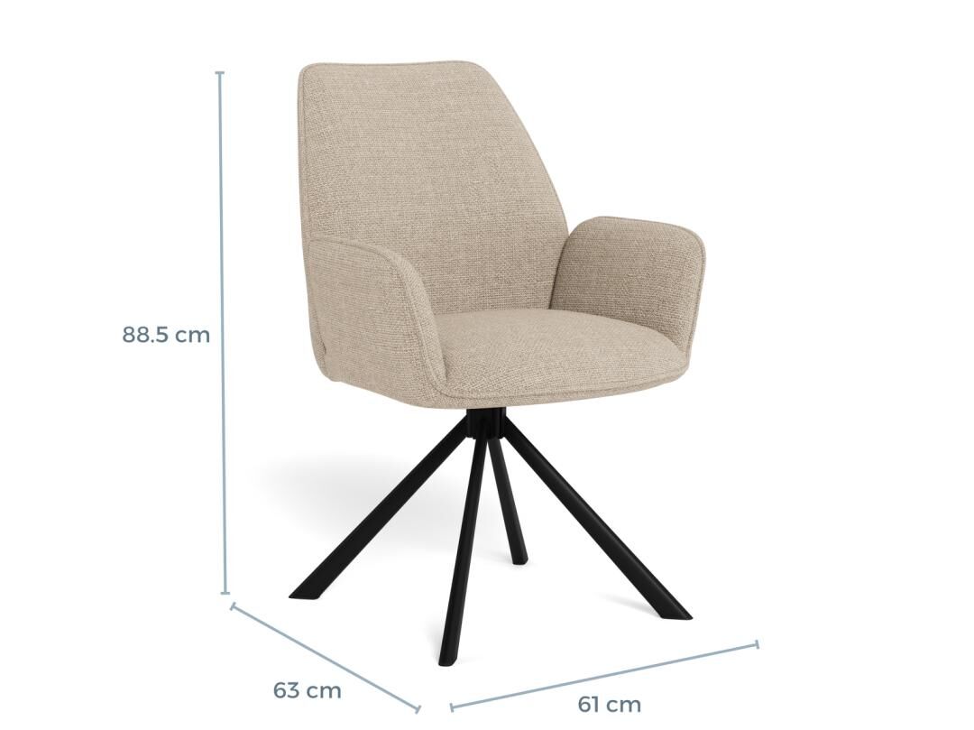 Glenda eetkamerstoel met armleuning: beige stoffen stoel met zwart metalen onderstel.