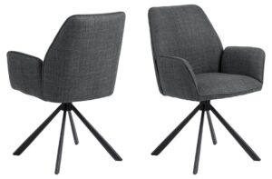 Glenda eetkamerstoel met armleuning: grijze set van 2 draaistoelen met zwarte poten.