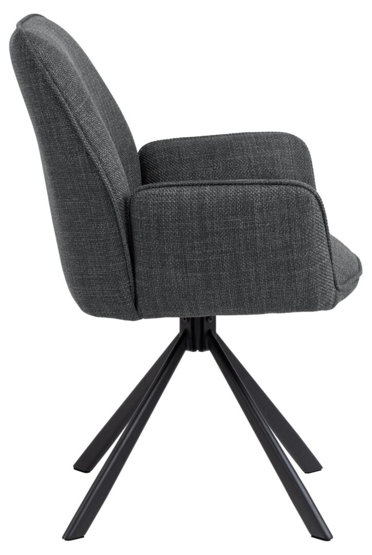 Glenda eetkamerstoel met armleuning: grijze gestoffeerde stoel met zwart metalen onderstel.