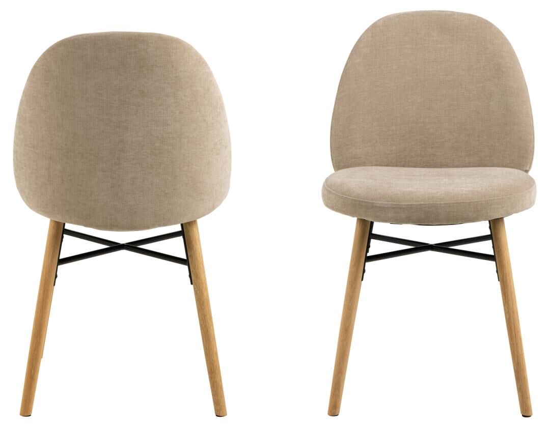Sophia eetkamerstoel (set van 2): Beige stoelen met houten poten en zwart metalen frame.