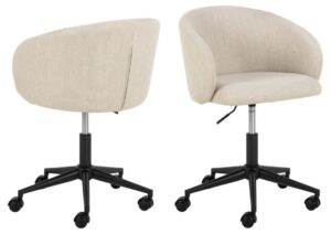 Eleanor bureaustoel met armleuningen, beige gestoffeerde zitting en zwart onderstel met wielen.