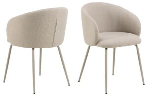Eetkamerstoel Eleanor met armleuning (set van 2): Beige gestoffeerde stoelen met metalen poten.