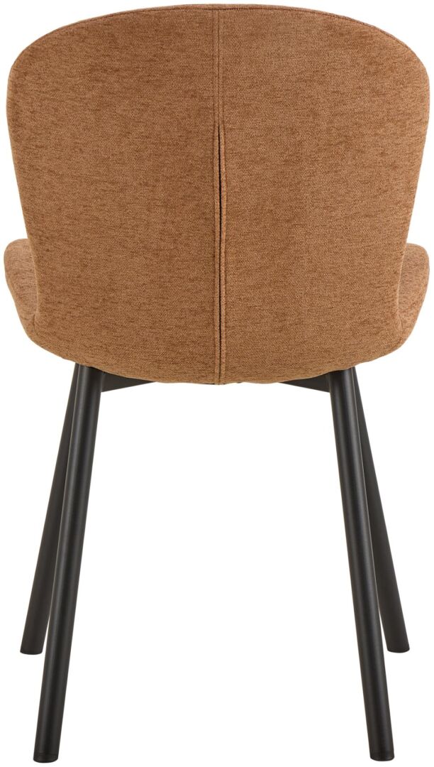 Esra eetkamerstoel (set van 2): Bruine gestoffeerde stoel met zwarte metalen poten, achteraanzicht.