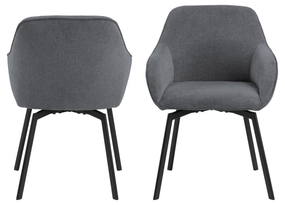 Clara eetkamerstoel met armleuning (set van 2): Grijze gestoffeerde stoel met zwarte metalen poten.