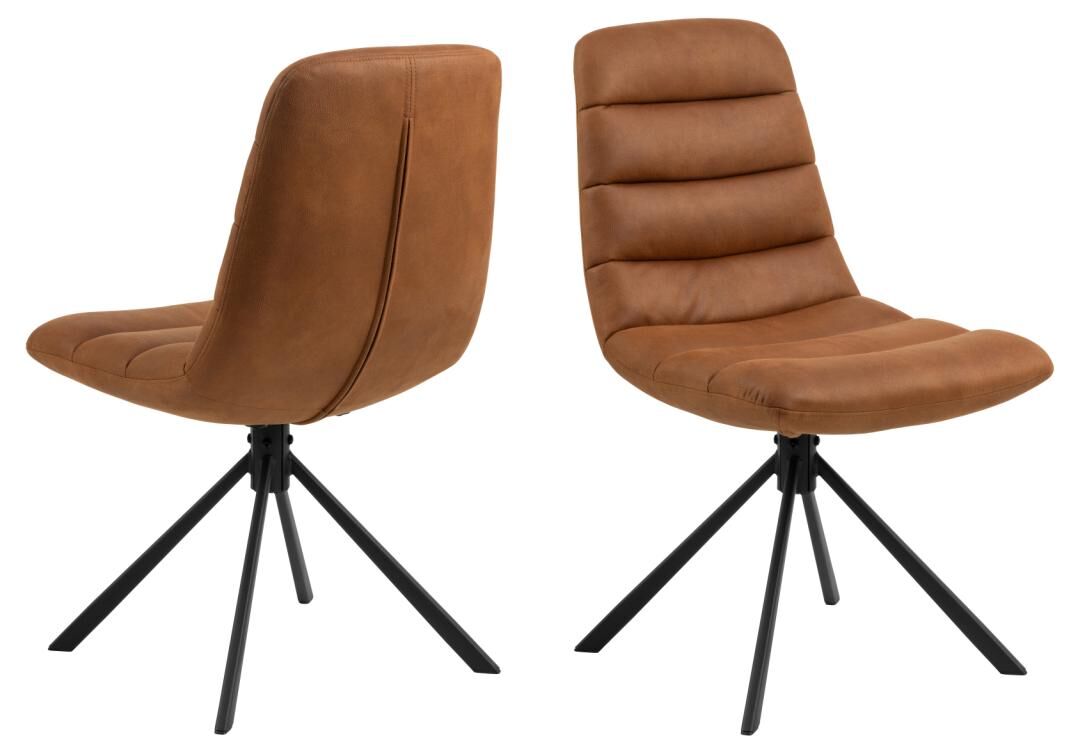 Milford eetkamerstoel (set van 2): Bruine leren eetkamerstoelen met zwart metalen poten.