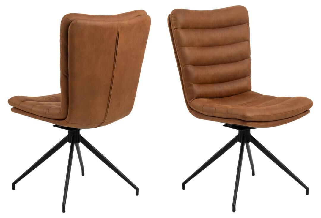 Grafton eetkamerstoel (set van 2): Bruine leren eetkamerstoelen met zwart metalen poten.