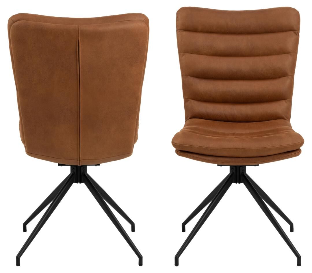 Grafton eetkamerstoel (set van 2): Bruine leren eetkamerstoelen met zwarte metalen poten.