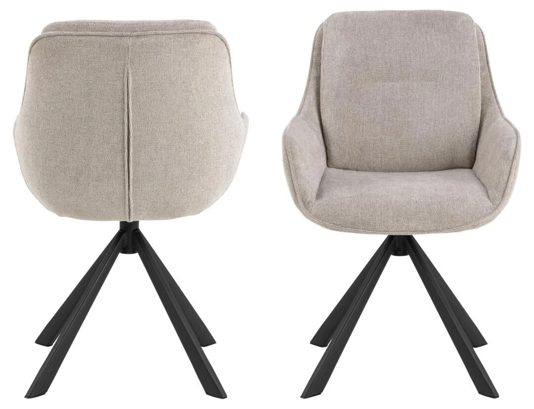 Carrie eetkamerstoel met armleuningen (set van 2): Beige gestoffeerde stoel met zwart onderstel.