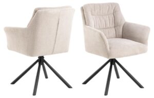 Alonso eetkamerstoel met armleuning (set van 2): Beige stoffen eetkamerstoelen met zwart metalen poten.