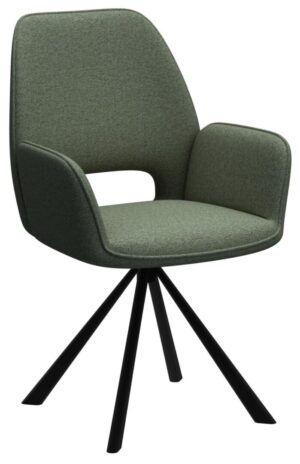 Graham eetkamerstoel met armleuning: Groene gestoffeerde stoel met zwart draaibaar onderstel.