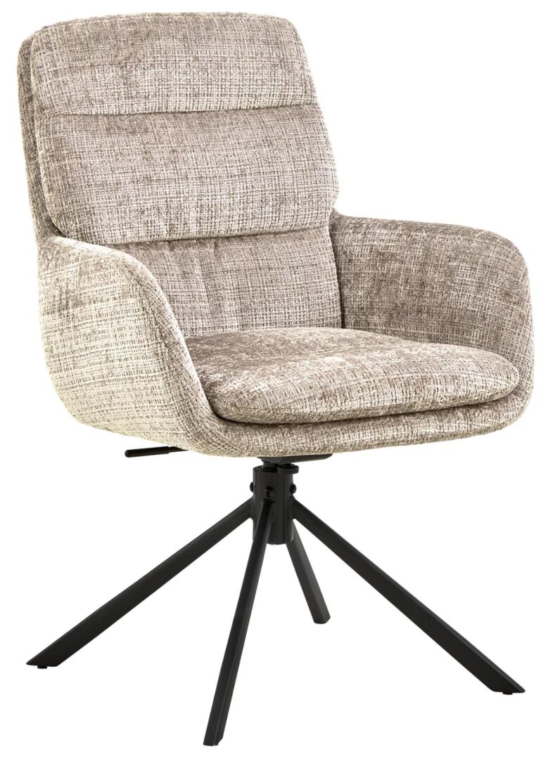 Edgar eetkamerstoel met armleuning: gestoffeerde stoel met zwarte draaivoet.
