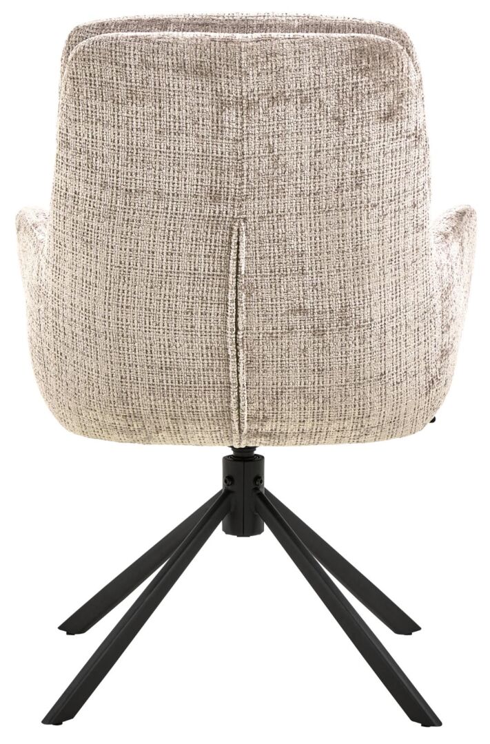 Achterkant Edgar eetkamerstoel met armleuning: beige bekleding, zwarte draaipoot.