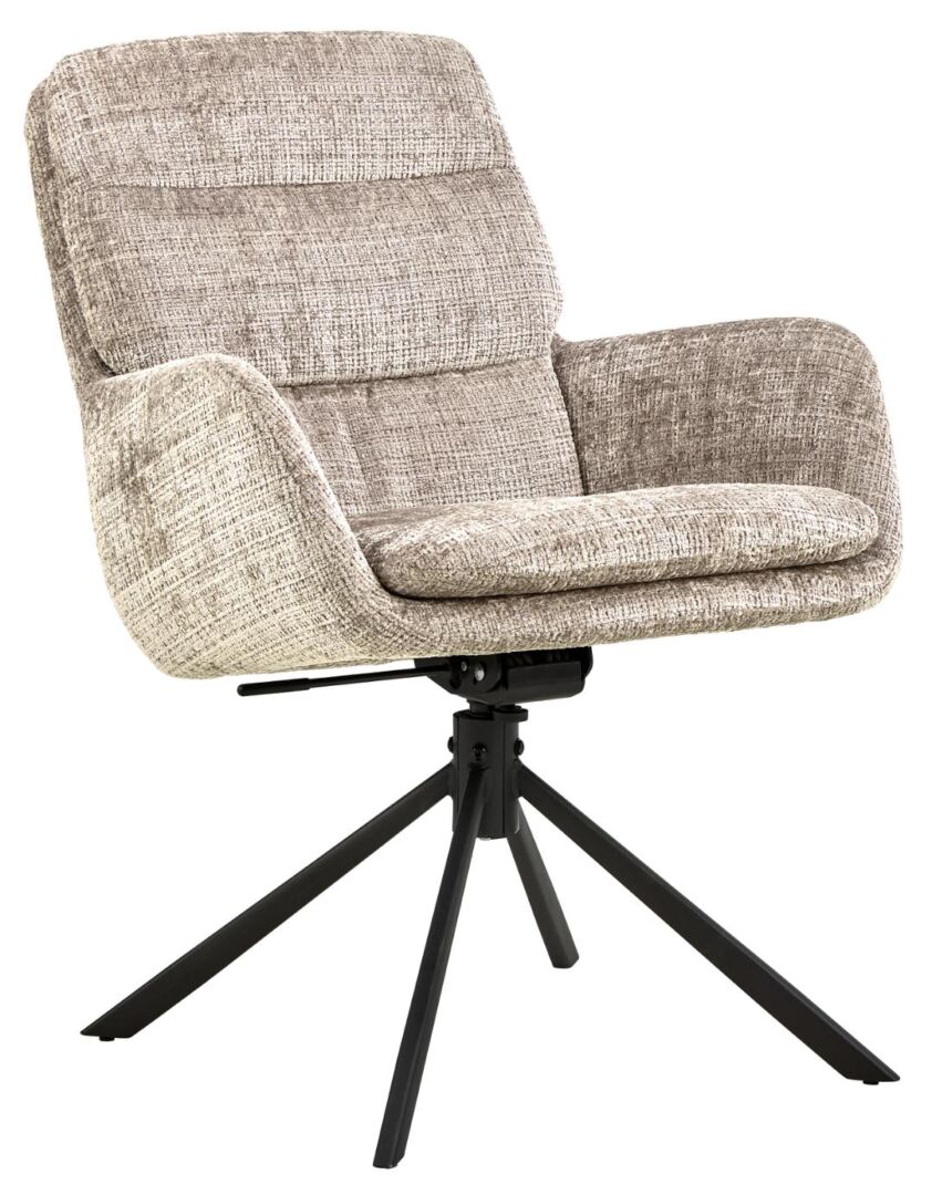 Edgar eetkamerstoel met armleuning: beige stoel met armleuningen en een zwart vierpoots onderstel.