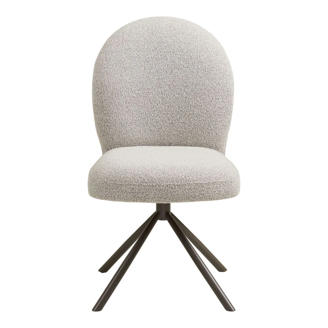 Eetkamerstoel Lana Design van Nieuwe Sfeer: grijze stoel met ronde zitting en metalen onderstel.