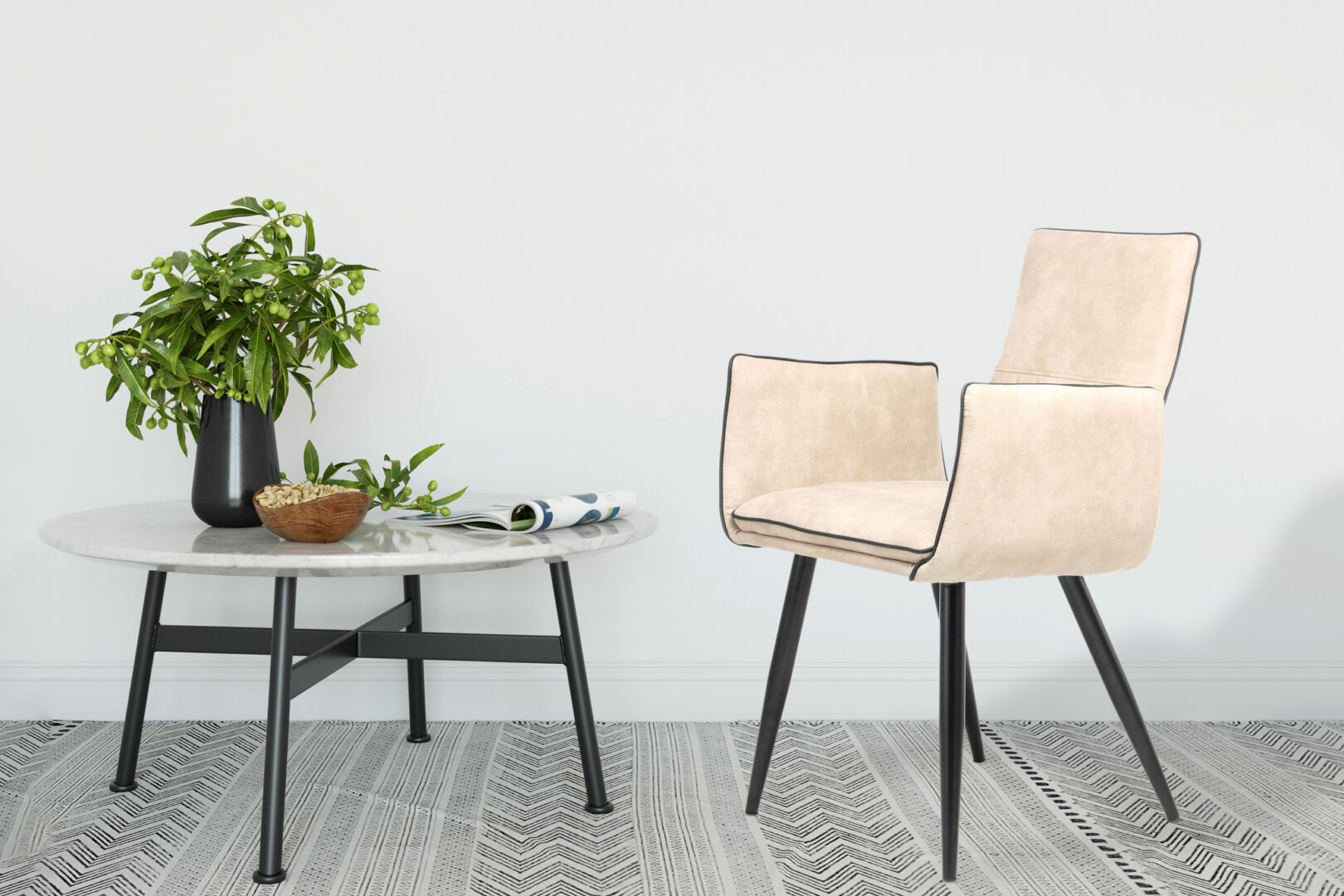 Stoel Penelope Beige Set van 2 | Nieuwe Sfeer: Elegante beige stoel naast een tafel met plant.