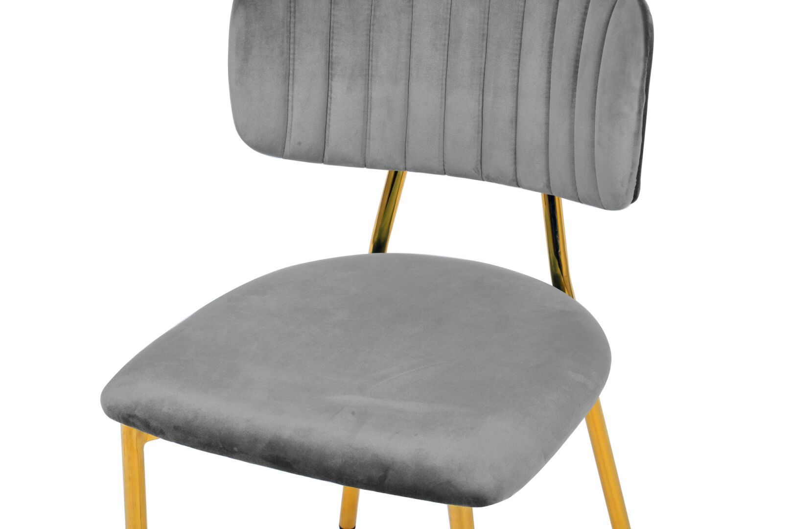 Stoel Giselle 100 Grijs Fluweel: Grijze velvet stoel met gouden poten en verticale belijning op de rugleuning