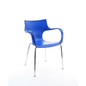 Workliving Jim Stapelbare Stoel Blauw Aluminium: blauwe stoel met armleuningen en chromen poten.