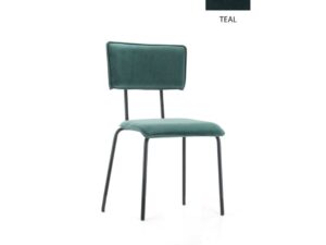 Workliving Bo Eetkamerstoel Fluweel Aardgroenblauw: Teal velvet stoel met zwart metalen poten.