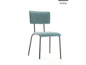 Workliving Bo Society Eetkamerstoel Bouclé Petrol: Petrolkleurige stoel met zwarte metalen frame.