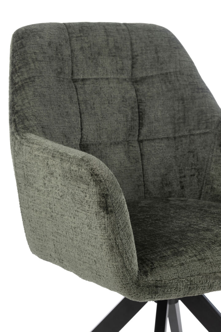 Stoel Louna Metaal Acryl Groen: Detailopname van de groene, gestoffeerde stoel.