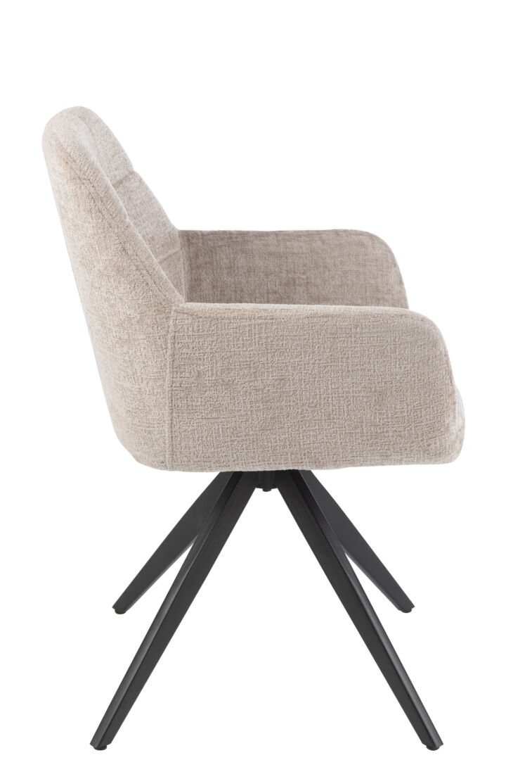Stoel Louna Metaal Acryl Donkergrijs van Nieuwe Sfeer: Draaifauteuil met beige bekleding en donkergrijs metalen onderstel.