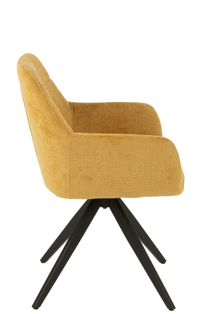 Stoel Louna Metaal Acryl Oker van Nieuwe Sfeer: Okergele draaifauteuil met zwart metalen onderstel.