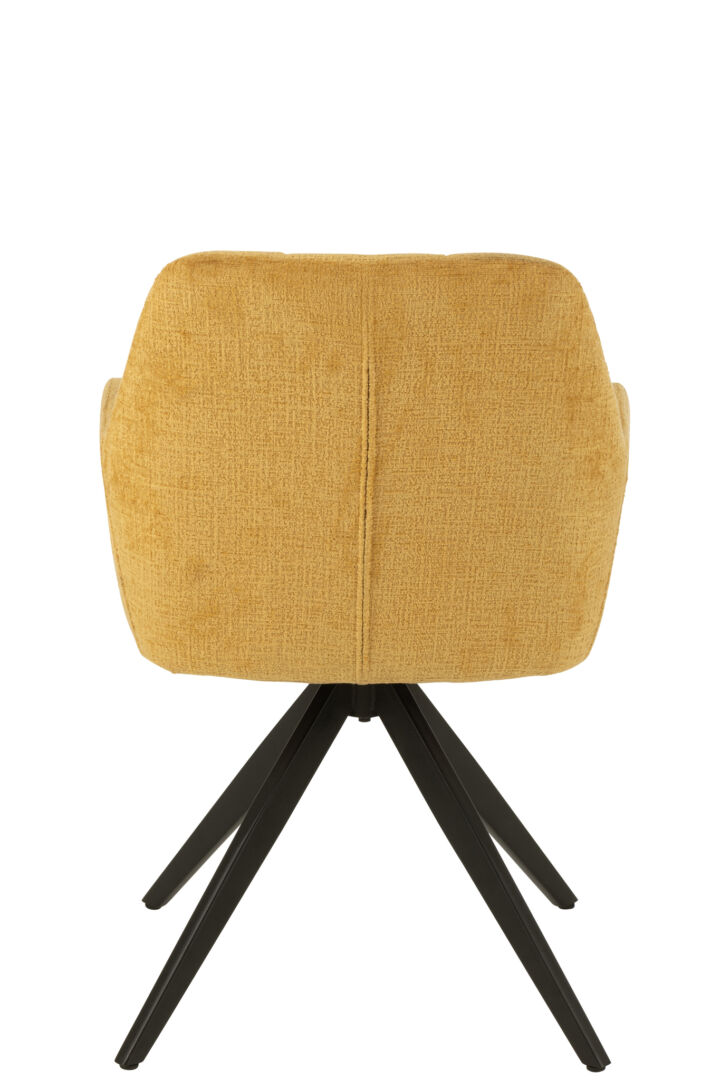 Stoel Louna Metaal Acryl Oker: Gele stoffen stoel met zwart metalen poten.