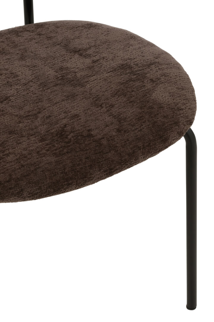 Eetkamerstoel Metaal Stof Donkerbruin: detailopname van de zitting met zwarte metalen poten.