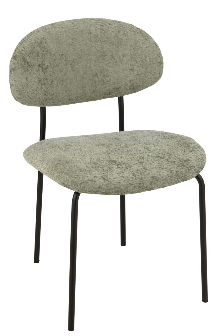 Eetkamerstoel Metaal Stof Mintgroen: Groene stoffen stoel met zwart metalen poten.