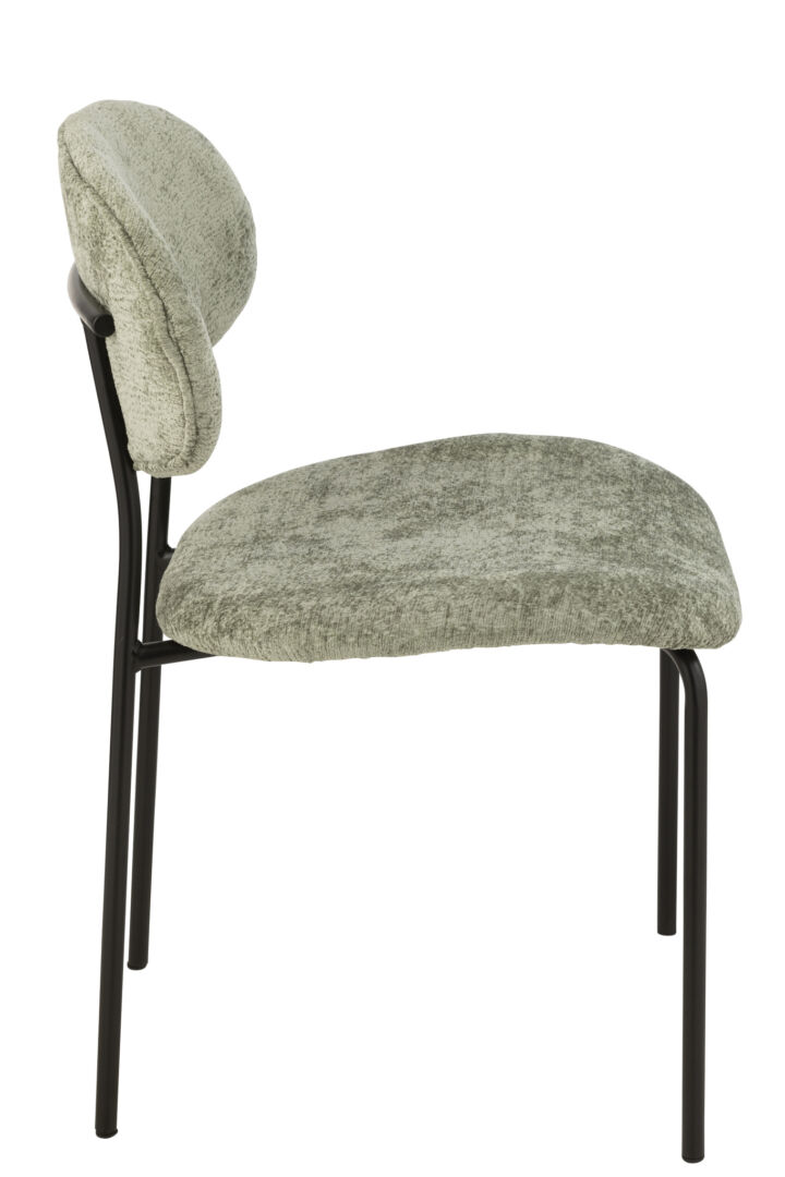 Eetkamerstoel Metaal Stof Mintgroen: Stoel met mintgroene stoffen zitting en rugleuning, zwart metalen frame.