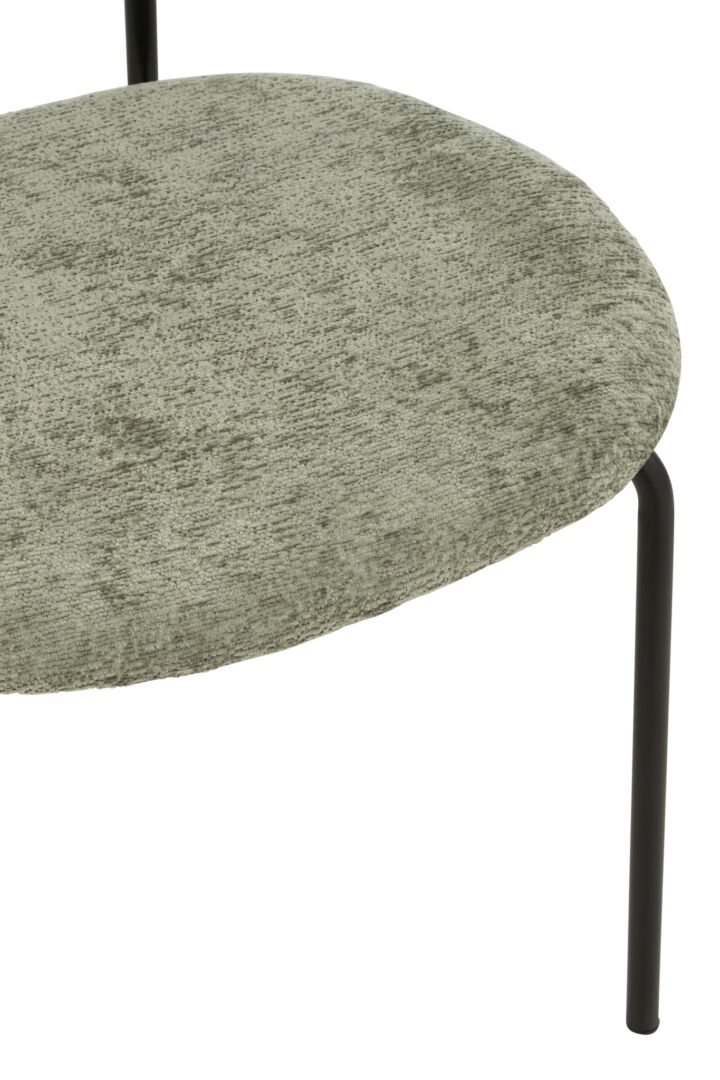 Eetkamerstoel Metaal Stof Mintgroen: ronde zitting met mintgroene stof en zwarte metalen poten.