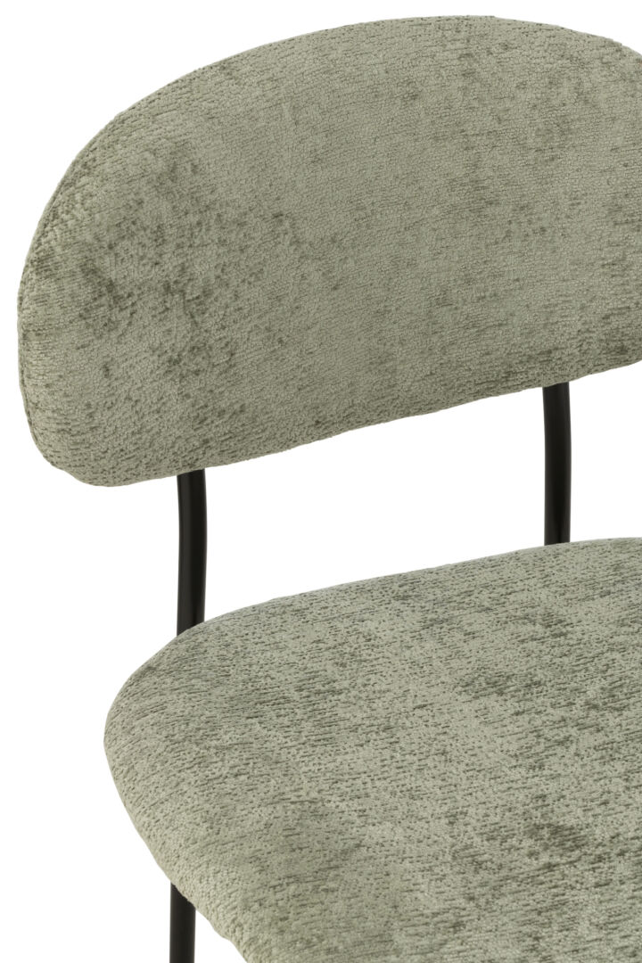 Eetkamerstoel Metaal Stof Mintgroen detail | Nieuwe Sfeer, mintgroene stoffen bekleding en zwart metalen frame.