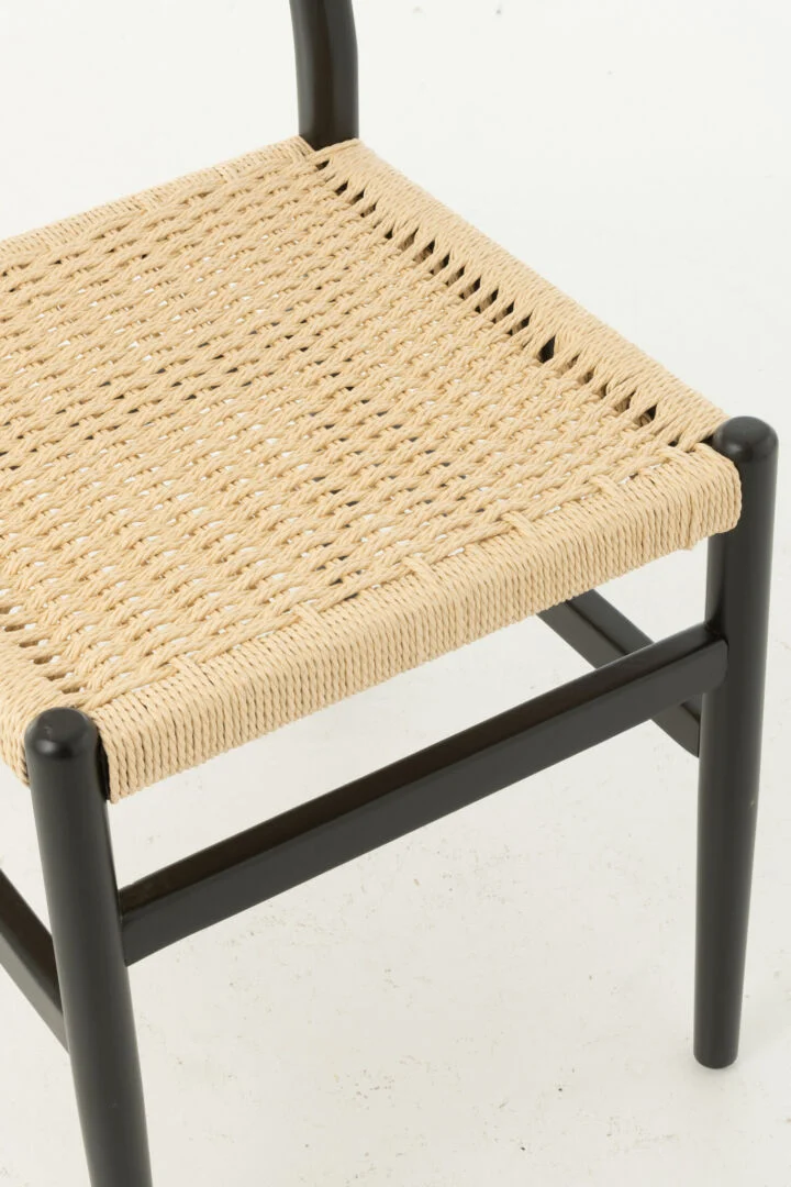 Stoel Lap Beukenhout Zwart Touw: Zwarte stoel met geweven zitting van touw, Nieuwe Sfeer.