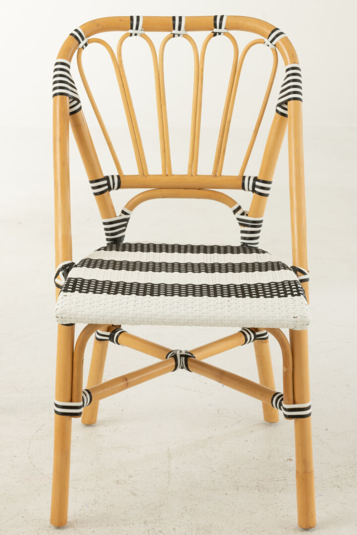 Eetkamerstoel Rotan Zwart Wit | Nieuwe Sfeer: Rotan stoel met zwart-wit gestreepte zitting.