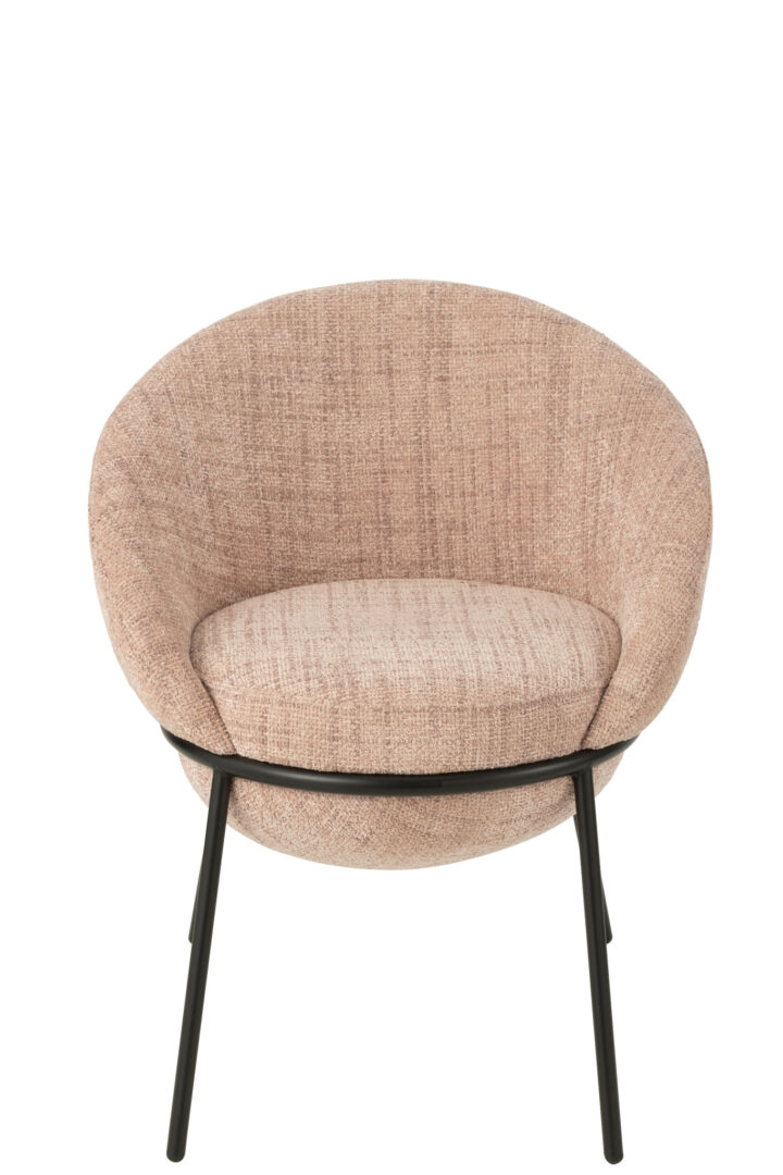 Eetkamerstoel Ijzeren Poten Lichtroze Zwart: lichtroze stoffen stoel met zwarte ijzeren poten.