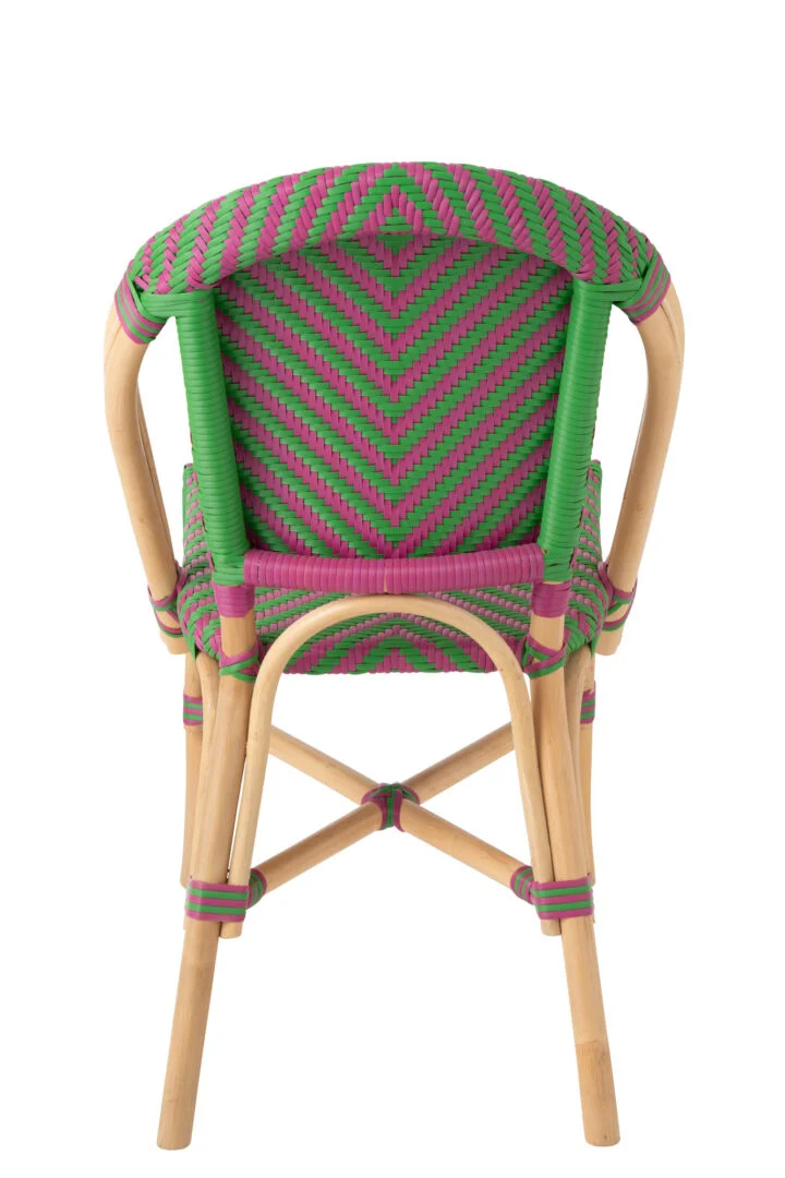 Eetkamerstoel Geo Roze Rotan Armloos van Nieuwe Sfeer: roze en groene gevlochten rotan stoel.