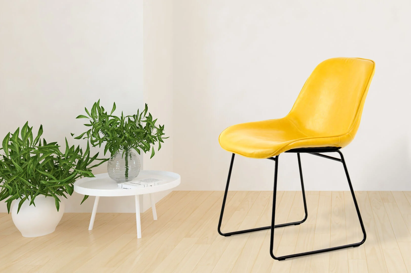 Stoel Cora Geel: Set van 2 gele design stoelen met zwart metalen frame, moderne uitstraling voor elke kamer.