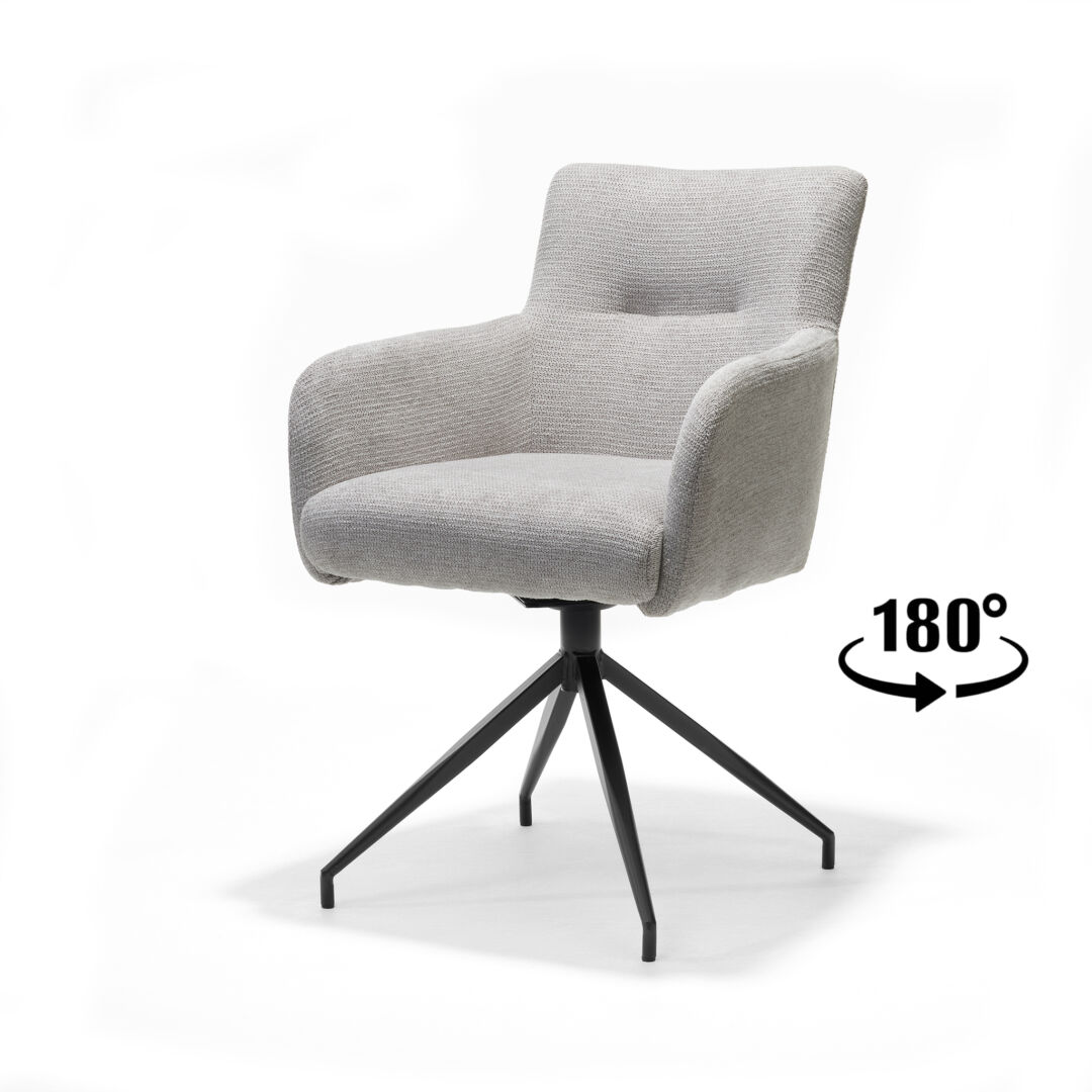 Joey Armstoel Aragon Grijs Draaibaar: Grijze draaifauteuil met armleuningen en zwart metalen onderstel.