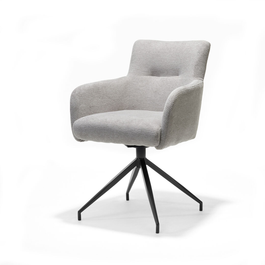 Joey Armstoel Aragon Grijs Draaibaar: Grijze draaifauteuil met armleuningen en zwart metalen onderstel.